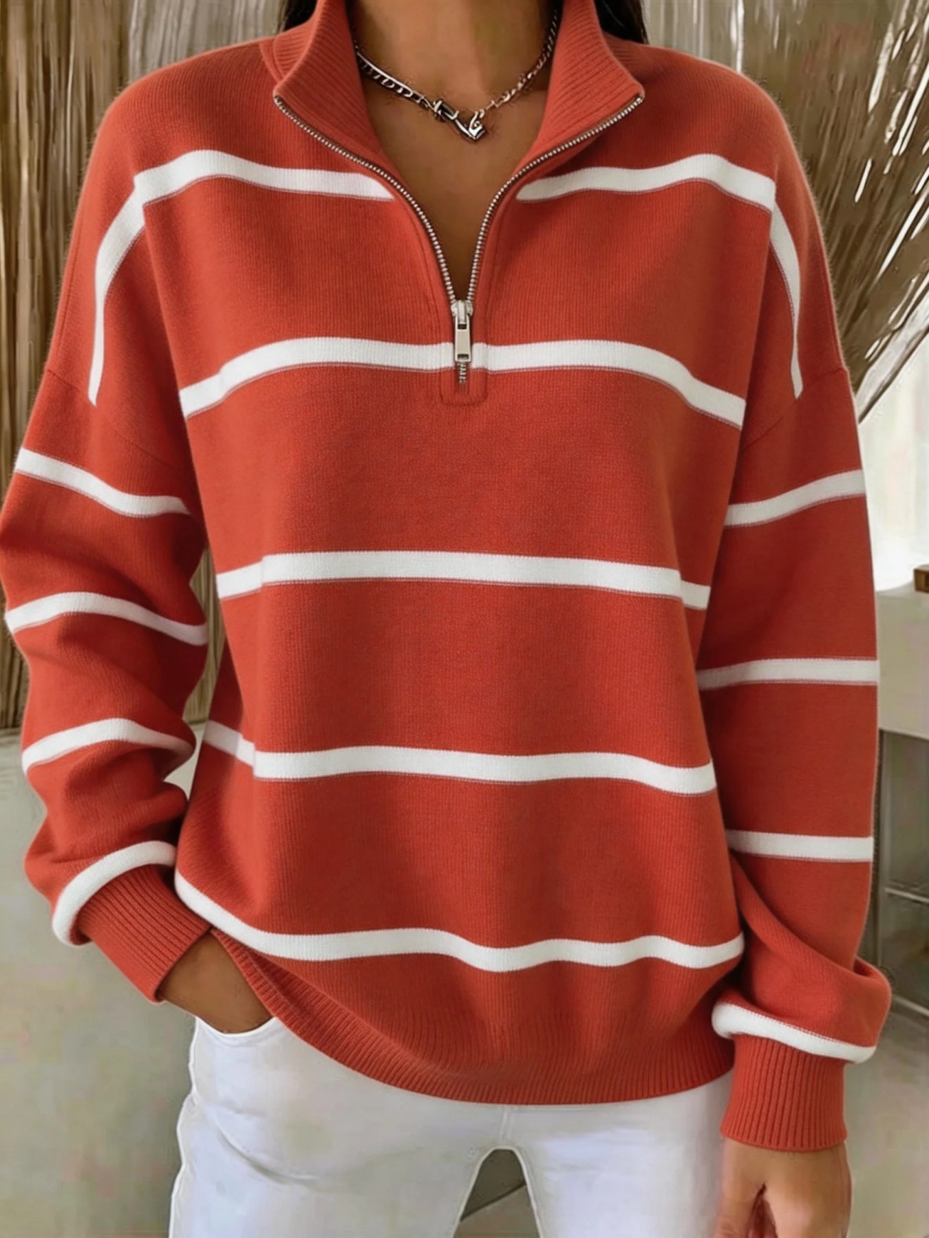 Striped Print Half-Zip Stand Collar Hoodie