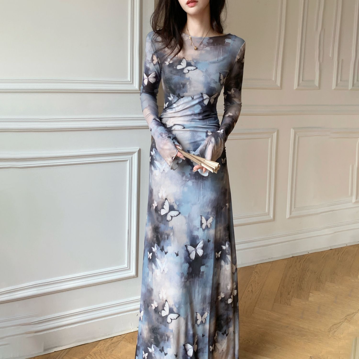 Long Sleeve Ink Butterfly Print Mesh Bodycon Midi Dress