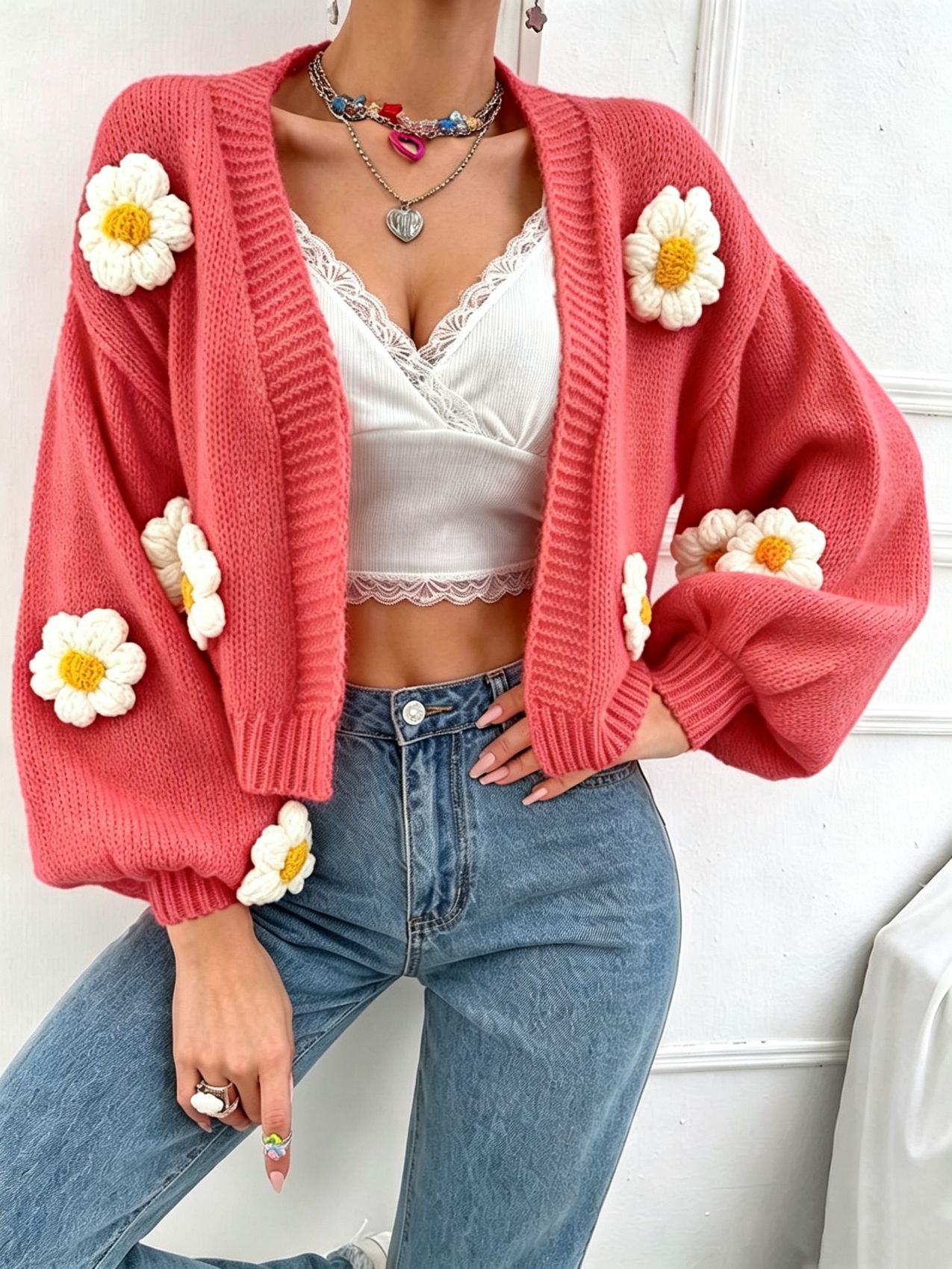 Women's Crochet Floral Spliced Button Cardigan Sweater