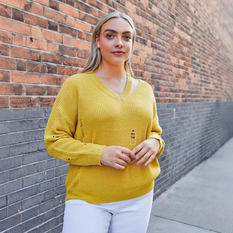 Women's Plus Size Open Knit V-Neck Pullover Sweater Loose Fit