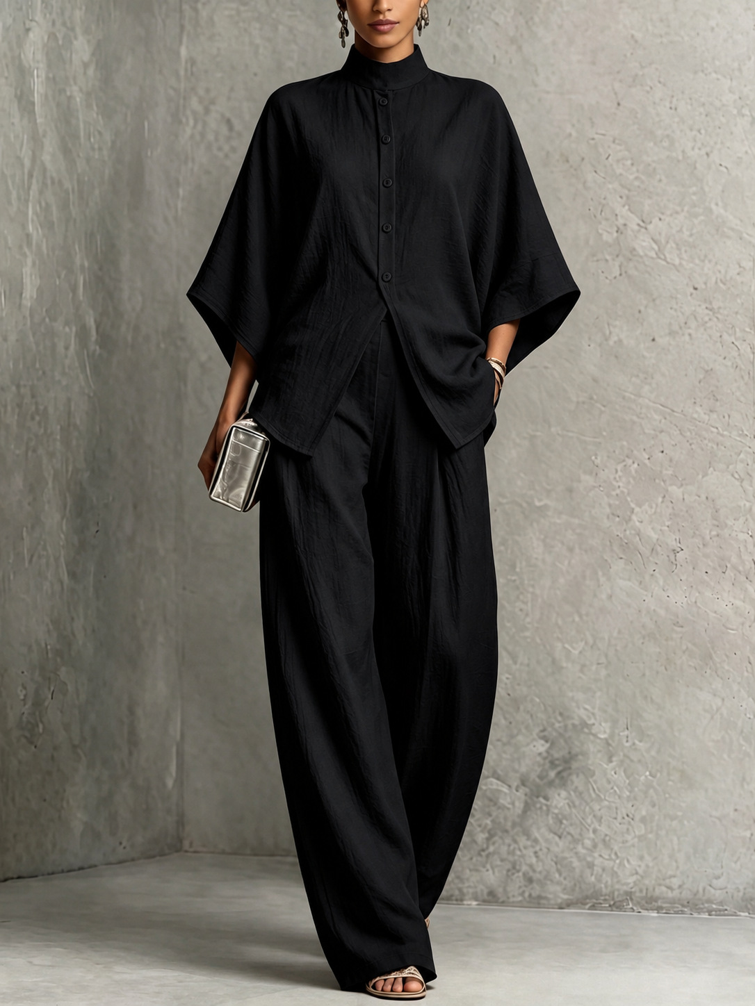 Women's Stand Collar Batwing Sleeve High Waist Wide Leg Two-Piece Set