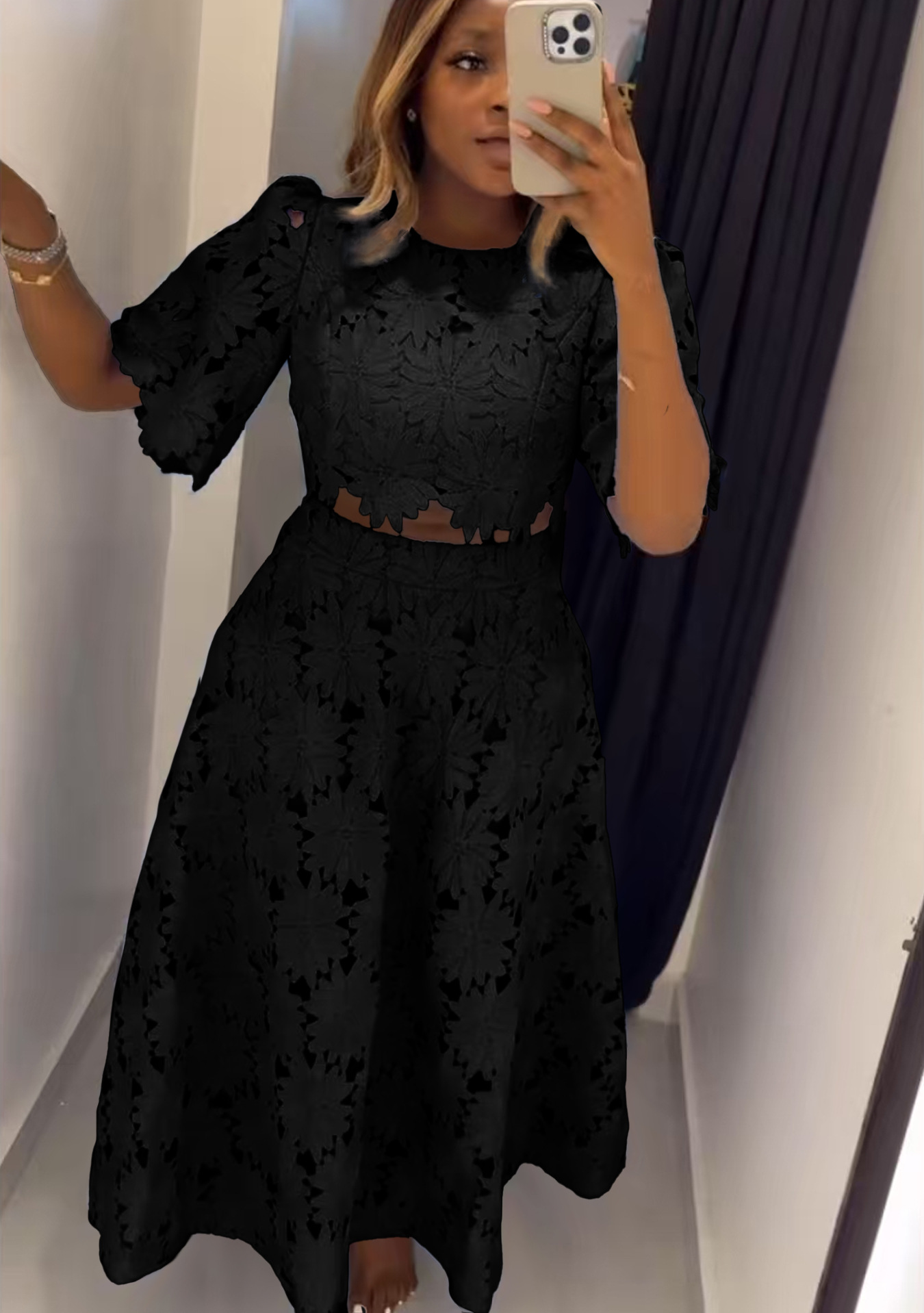 Women's French-Style Cutout Top and Skirt Two-Piece Set