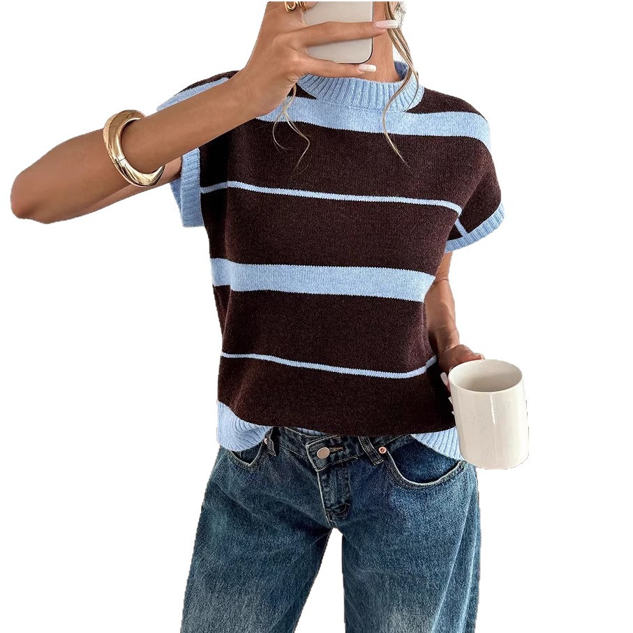 Striped Knit Sweater Vest Crew Neck Pullover