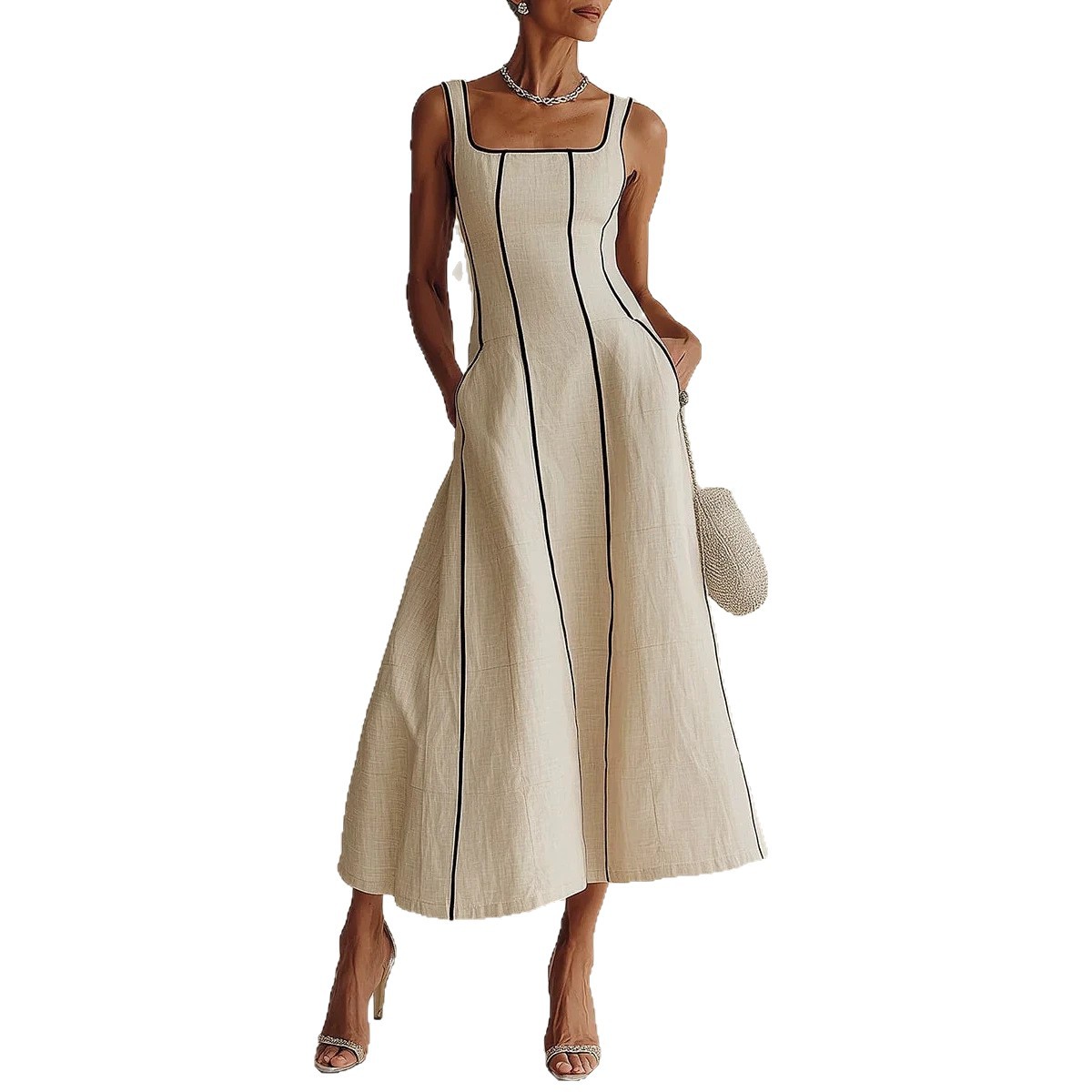 French Square-Neck Sleeveless Dress with Contrast Stitching and Waist-Cinching