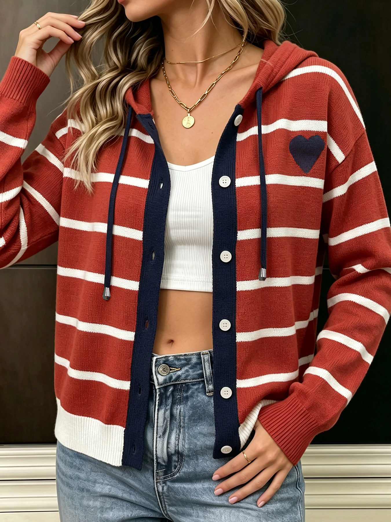 Women's Color-Block Heart Knit Cardigan with Striped Hooded Drawstring