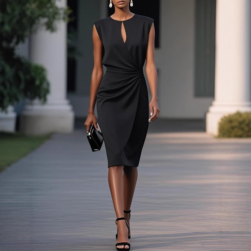 Retro Cross-Front Knotted Cutout Round-Neck Midi Dress