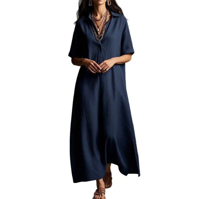 Women's Casual Solid Color Short Sleeve Collared Long Dress