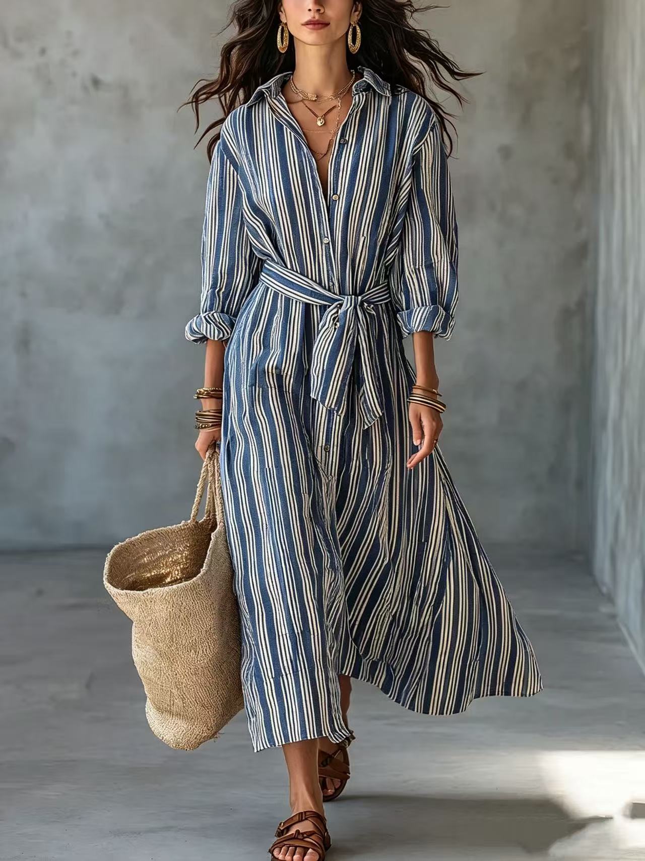 Striped Collared Tie-Waist Long Shirt Dress