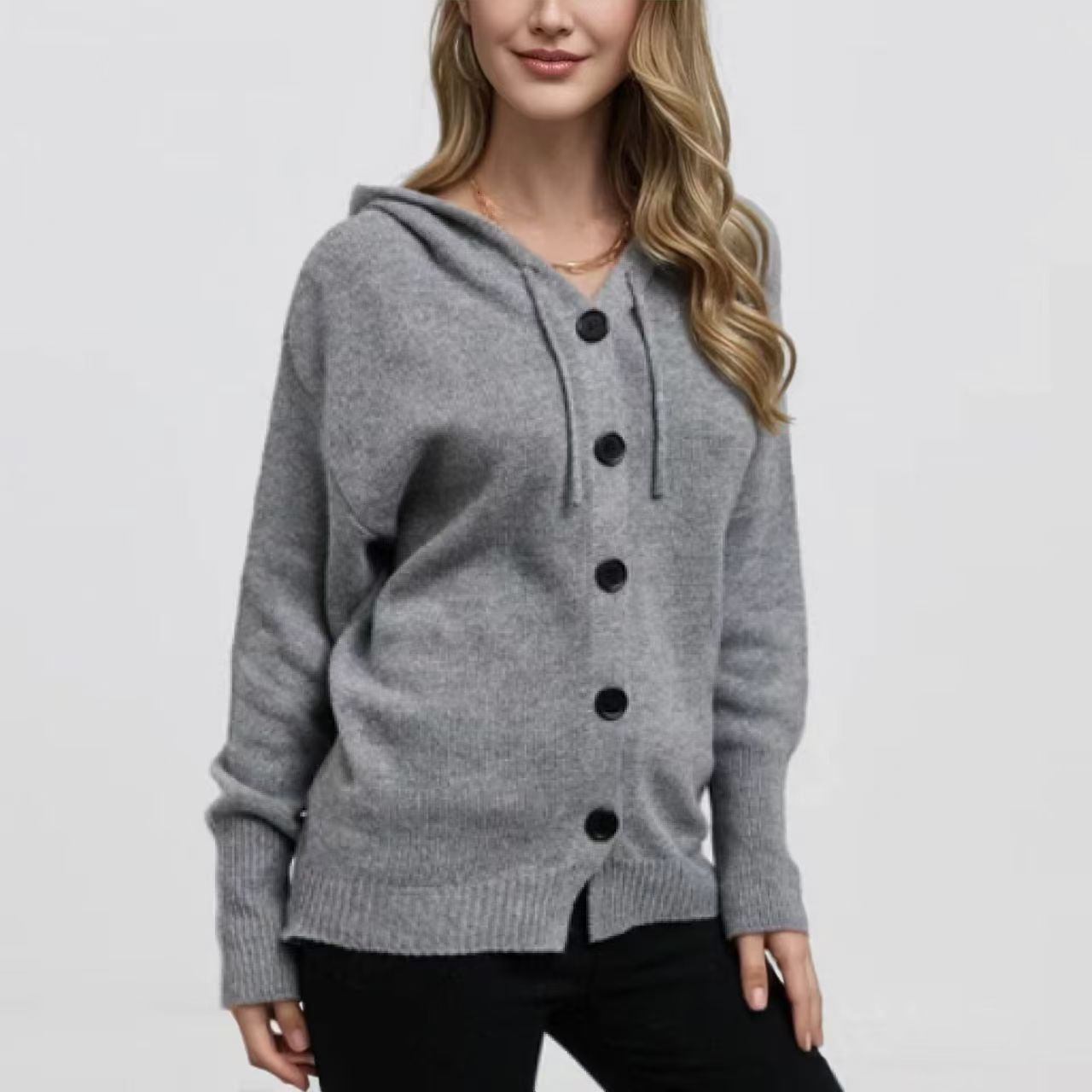 Women's Hooded Button-Front Cardigan Sweater V-Neck Solid Knit