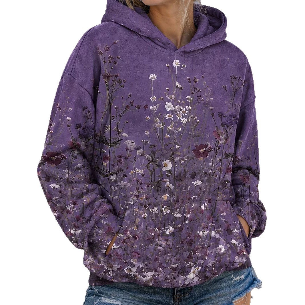 Women's Floral Print Casual Hoodie Long Sleeve Crewneck