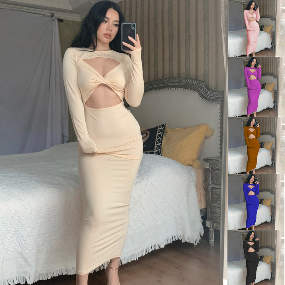 Women's Solid Cutout Long Sleeve Bodycon Dress