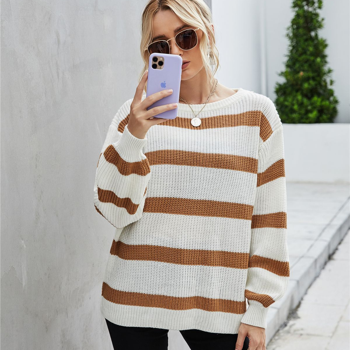 Women's Plus Size Crewneck Knit Sweater with Striped Splicing