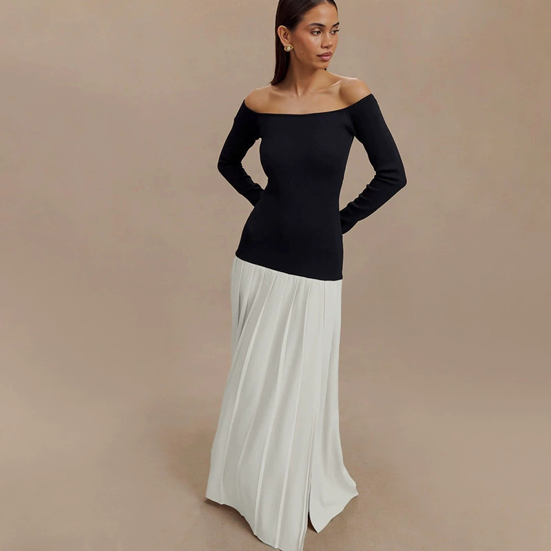 Women's Two-Piece Long Sleeve Slit Pleated Midi Dress Set
