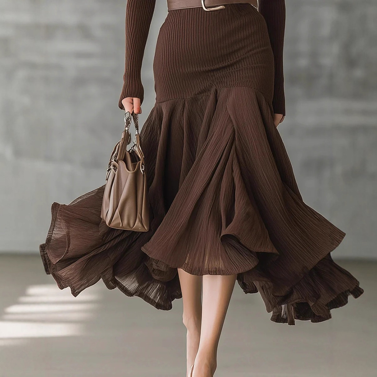 Solid Color Spliced V-Neck Long Sleeve Maxi Dress