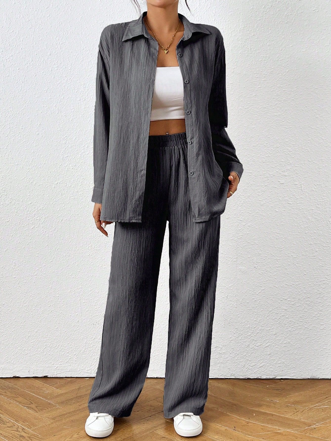 Women's Solid Color Elastic Waist Wide-Leg Pants with Pockets and Shirt Two-Piece Set