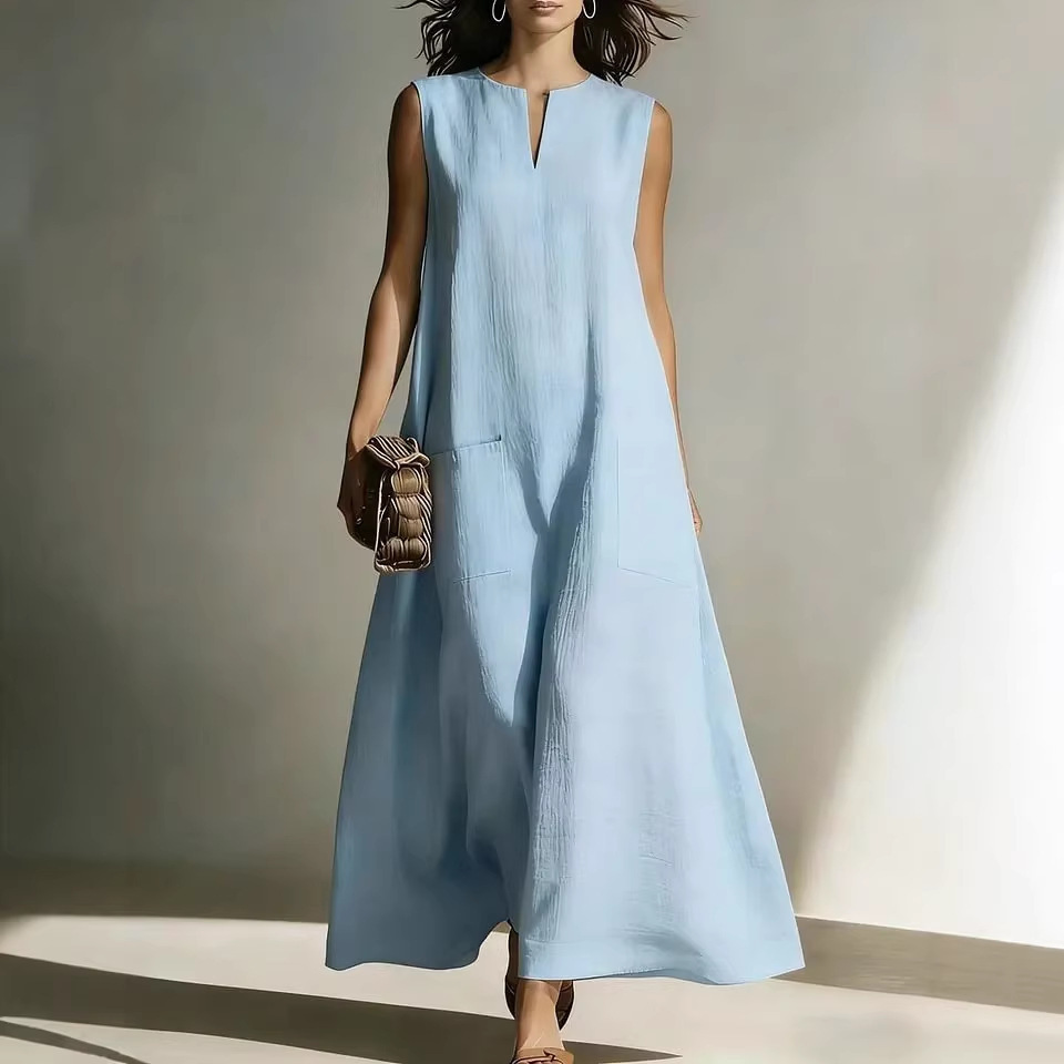 Women's Sleeveless Cotton-Like Linen A-Line Midi Dress