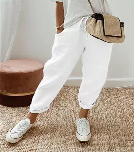 Women's Cotton-Linen Elastic Waist Cropped Pants Casual