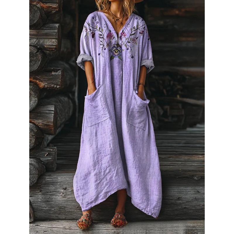 Women's Floral Ripple Print V-Neck A-Line Midi Dress Long Sleeve