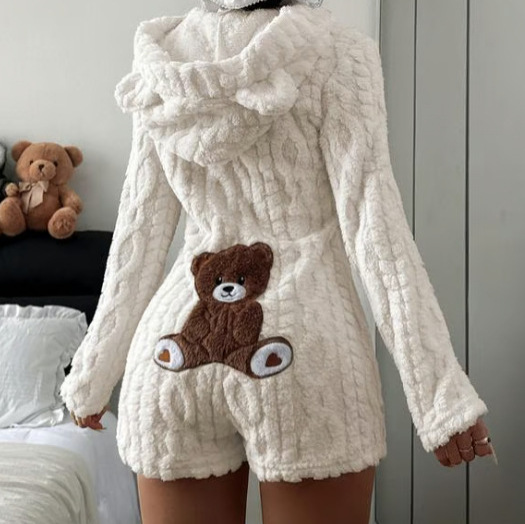 Women's Casual Solid Hooded Long Sleeve Fleece Jumpsuit