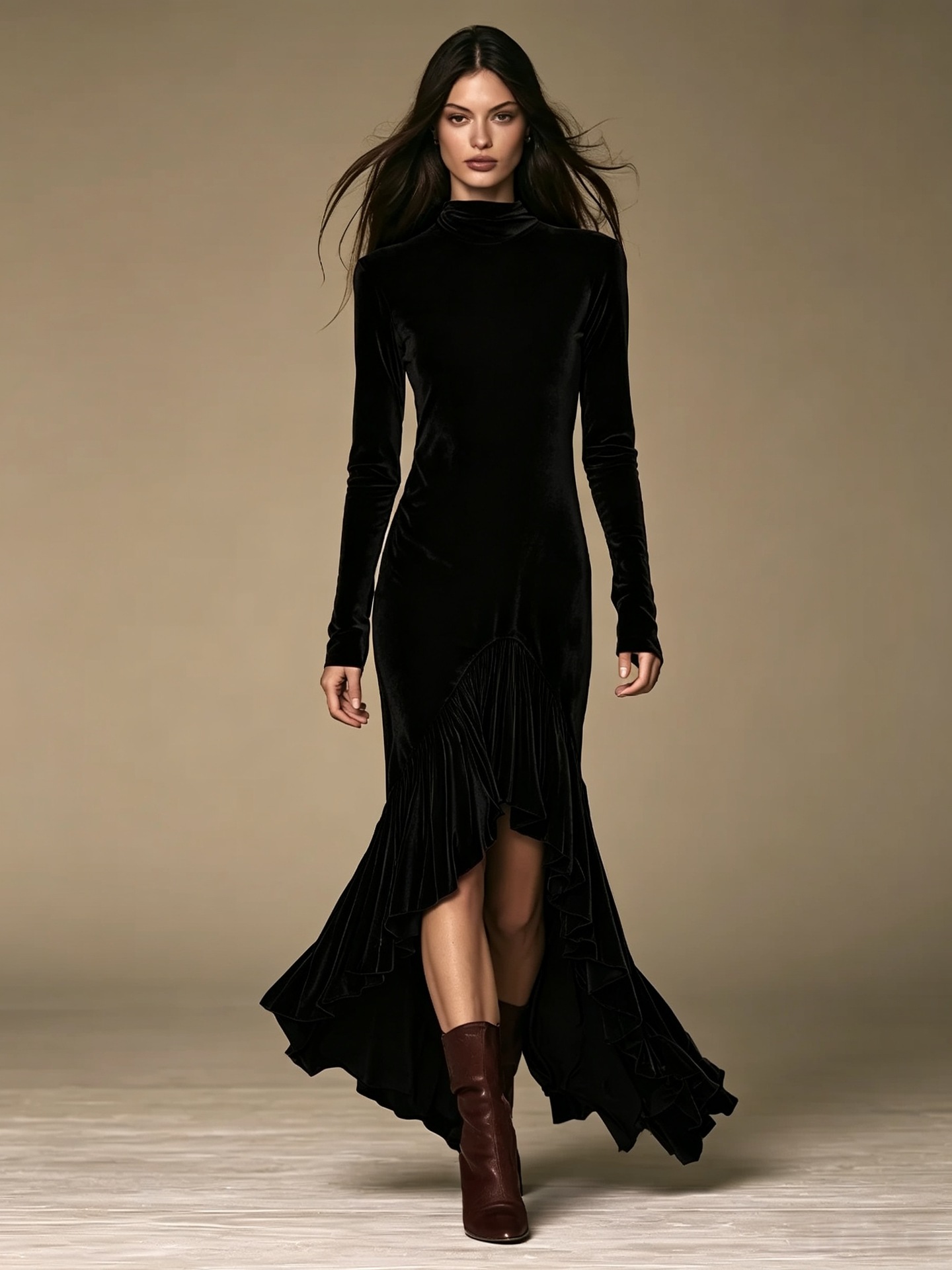 Velvet High Neck Ruched Mermaid Evening Dress with Ruffle Hem