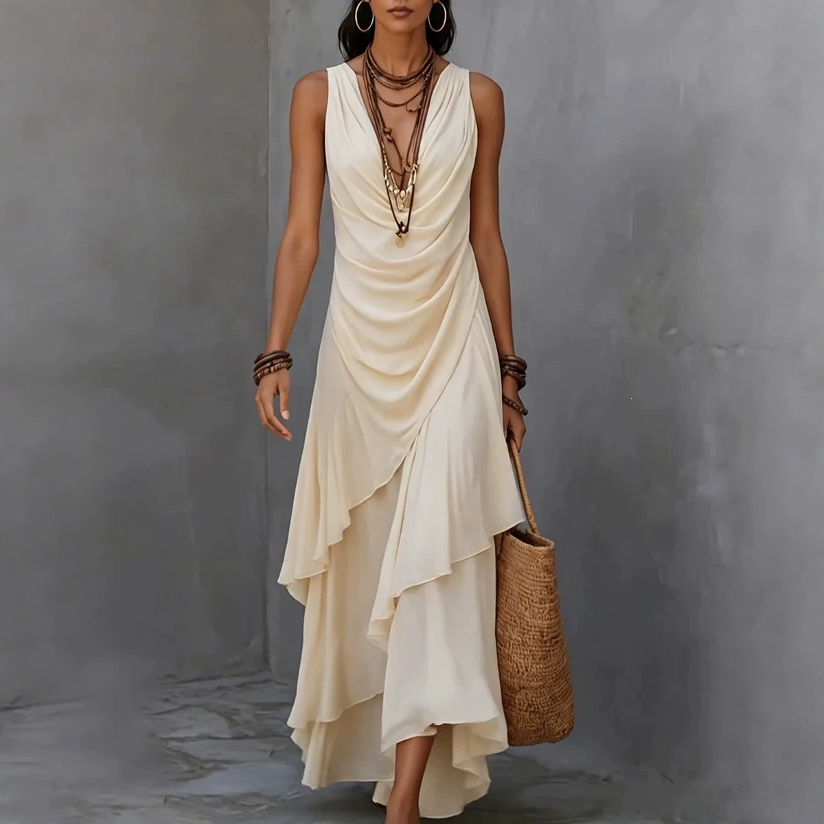 Sleeveless V-Neck Chiffon Dress with Ruffle Asymmetrical Hem