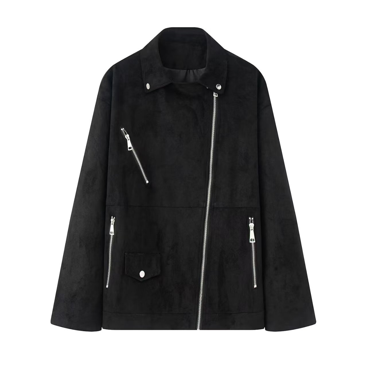 Sueded Faux-Suede Moto Jacket with Lapel Collar