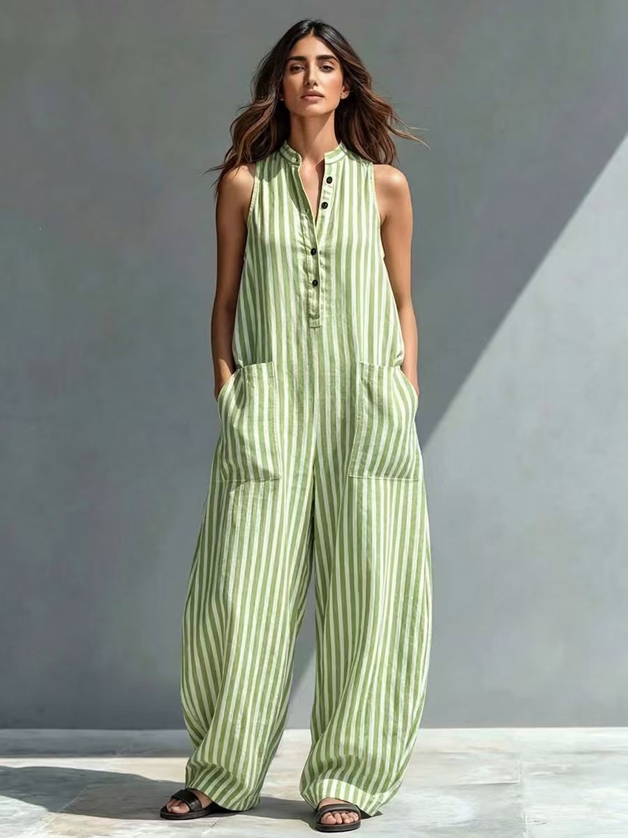 Summer Striped Print Sleeveless Wide-Leg Jumpsuit