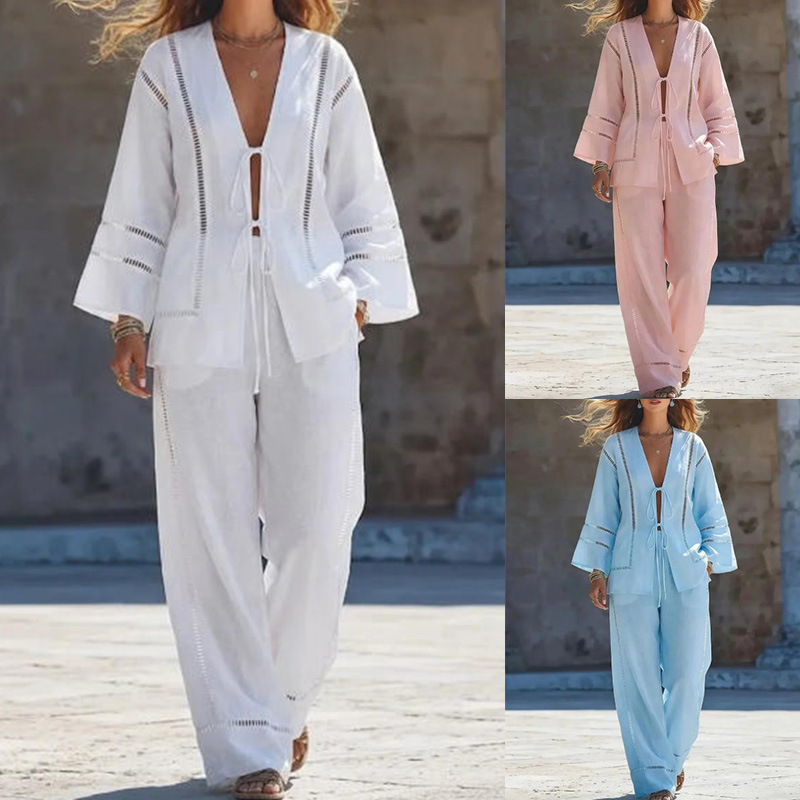 Women's Open-Front Tie Hollow-Out Two-Piece Pant Set