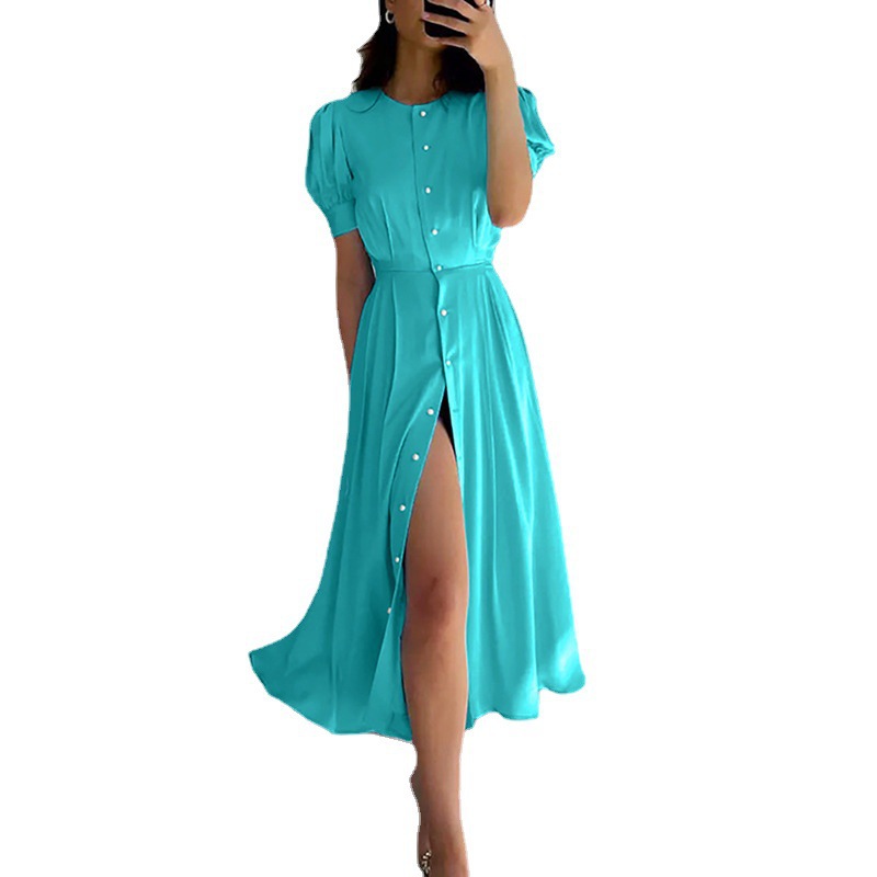 Solid Color High-Waist Button-Front Midi Cardigan Dress