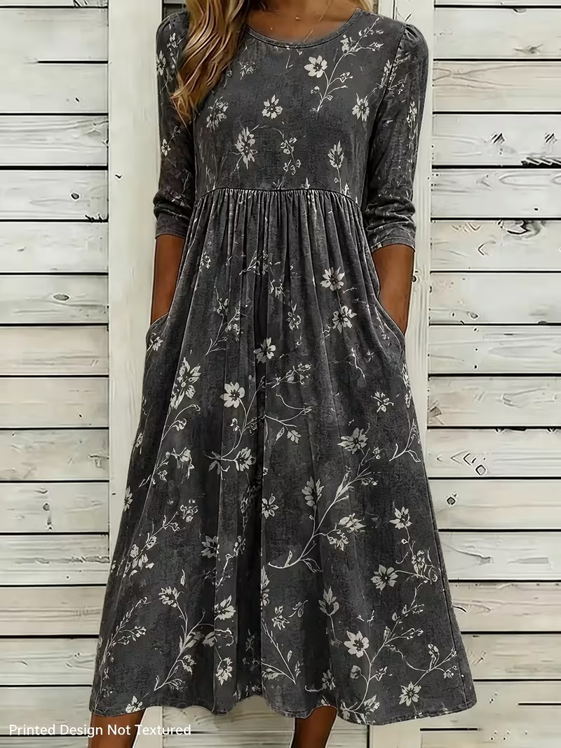 Women's Vintage Floral Print Pleated Midi Dress
