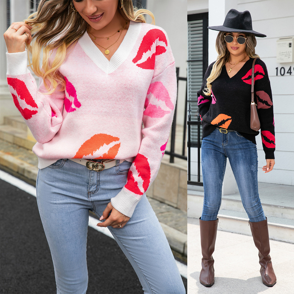 Valentine's Lips V-Neck Knit Pullover Sweater