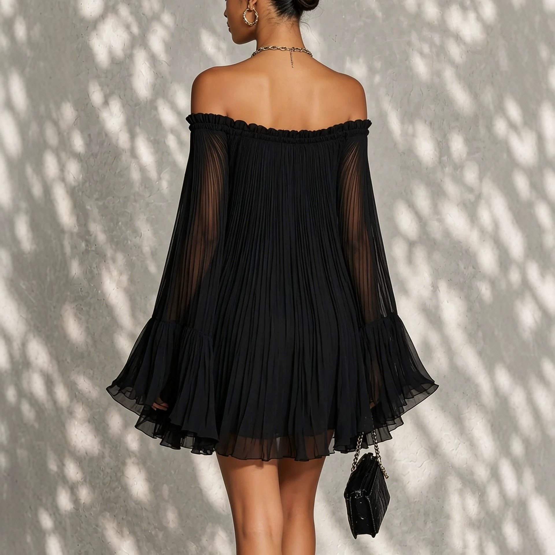 Off-Shoulder Pleated Dress Women's Flowy Midi Skirt