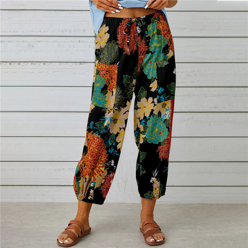 Cotton-Linen High-Waist Drawstring Cropped Pants with Vintage Print