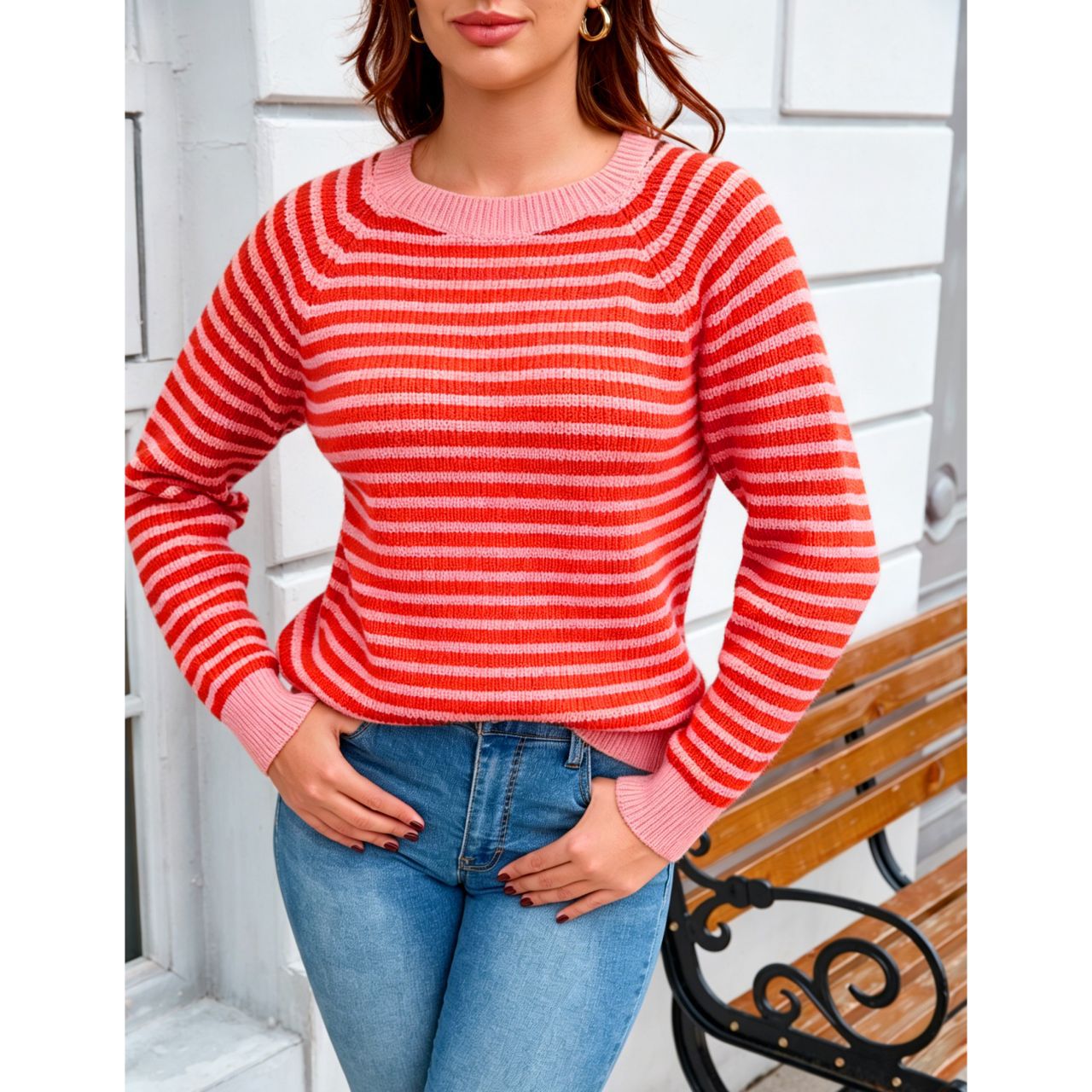 Plus Size Striped Colorblock Crewneck Knit Sweater Long Sleeve Pullover