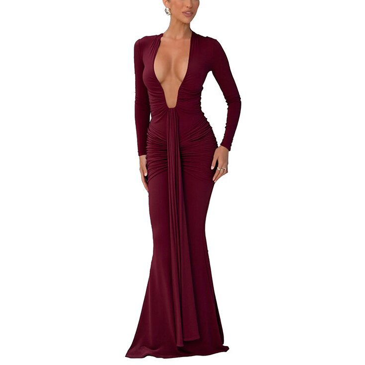 Elegant Solid Deep V-Neck Waist-Cinching Ribbon Mermaid Long Sleeve Dress