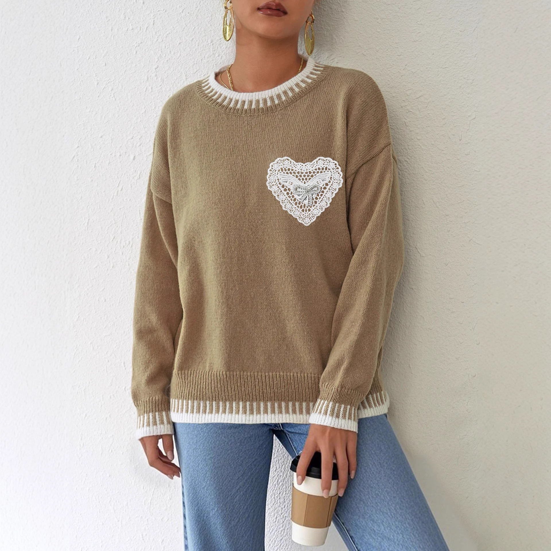 Colorblock Butterfly Lace Heart Pocket Pullover Sweater