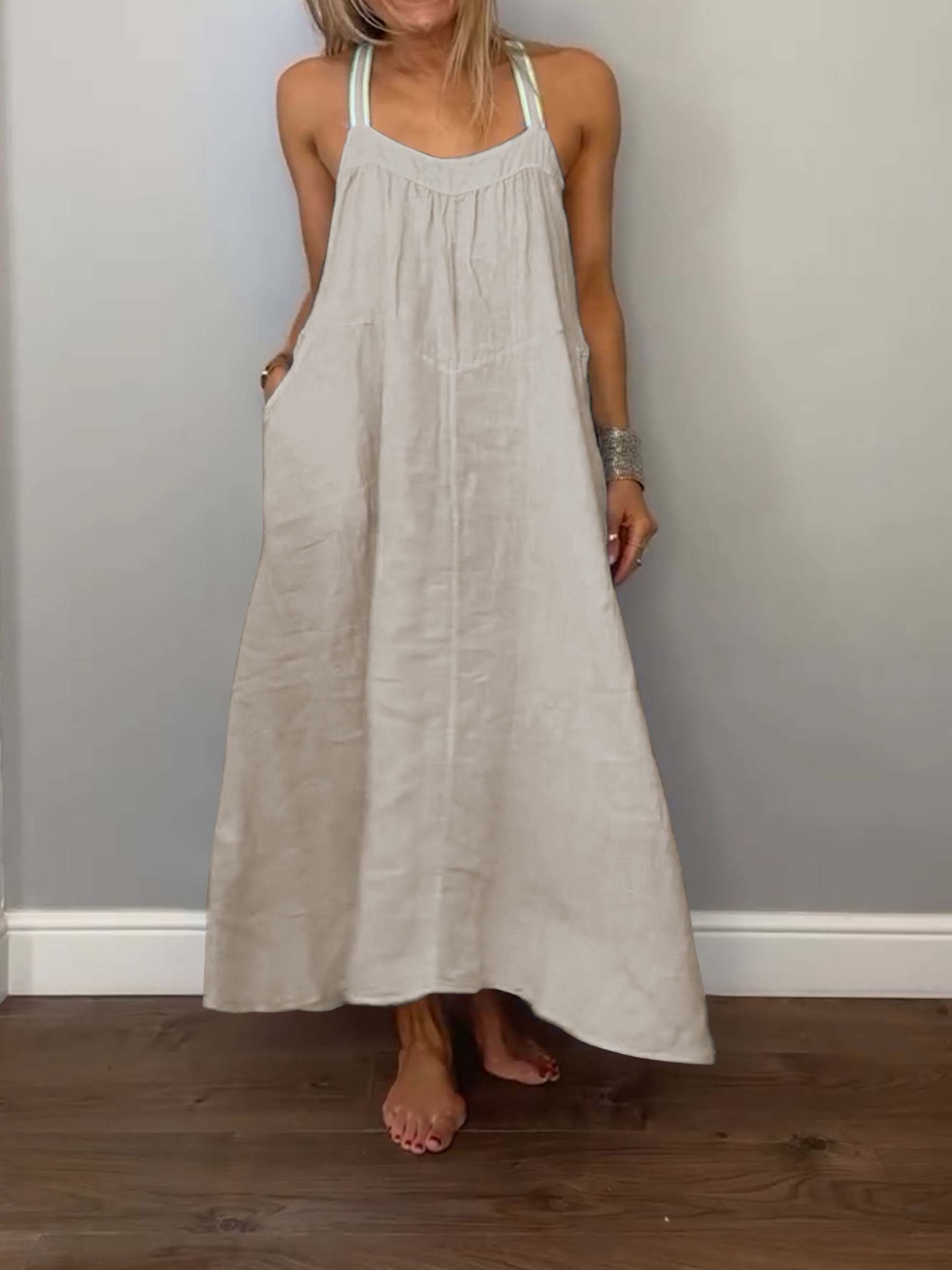 Women's Cotton Linen Sleeveless Pinafore Dress Casual Solid Color Long Dress