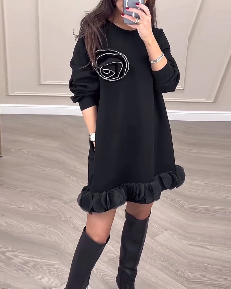 Women's Floral Beaded Ruffle Sweatshirt Dress Loose Fit