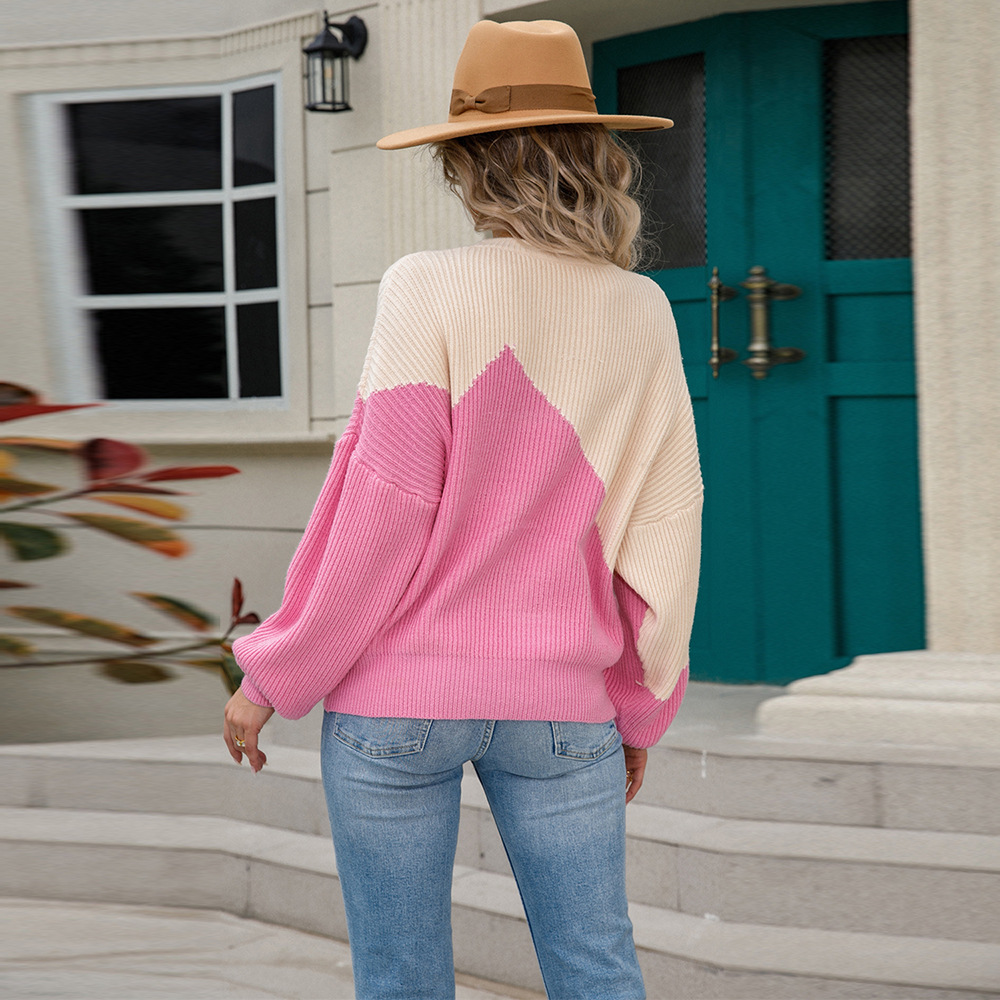 Color-Block Batwing Sleeve Crewneck Knit Sweater for Women