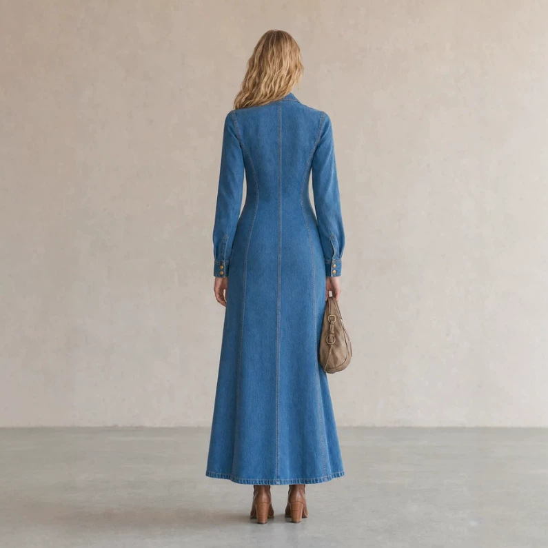 Retro Washed Denim Long Sleeve Double-Breasted Long Dress