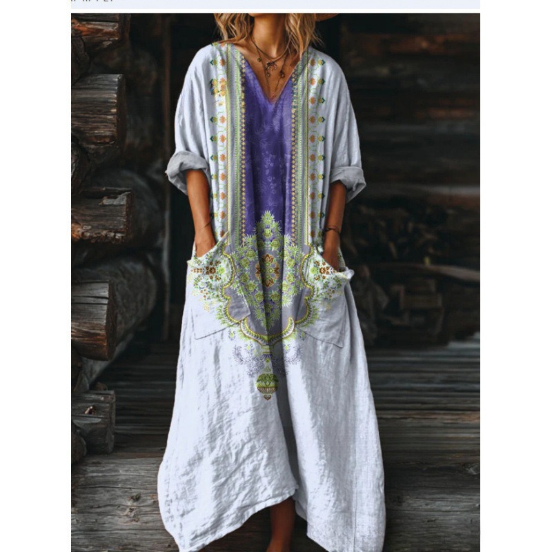 Women's Floral Ripple Print V-Neck A-Line Midi Dress Long Sleeve