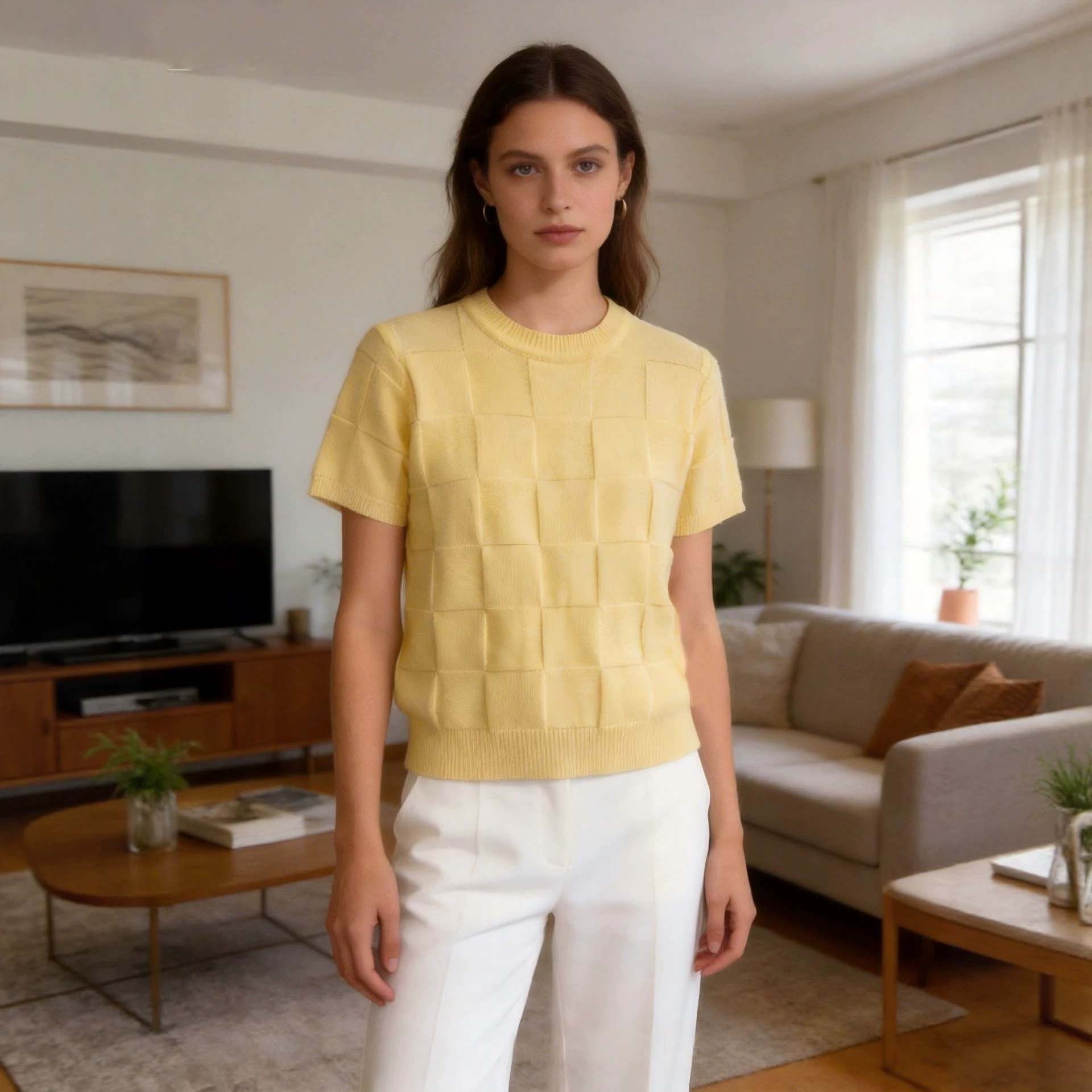 Solid Crewneck Knit Short-Sleeve Top with 3D Block Design