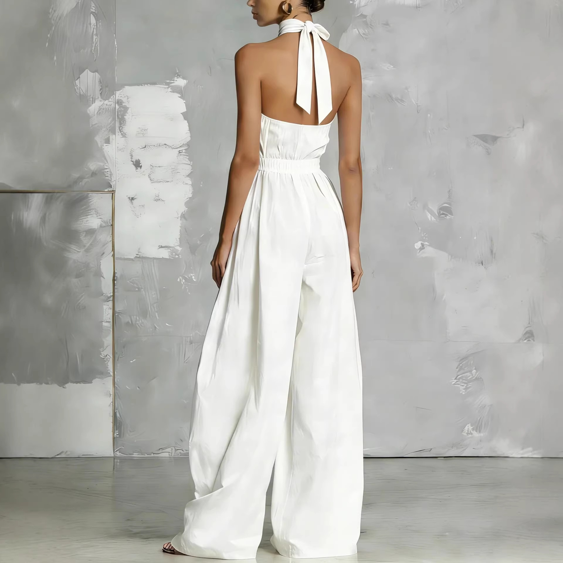 White Ruched Waist Long Sleeve Jumpsuit