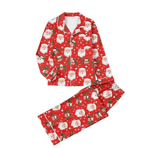 Women's Cuban Collar Christmas Snowflake Print Long Sleeve Shirt Set