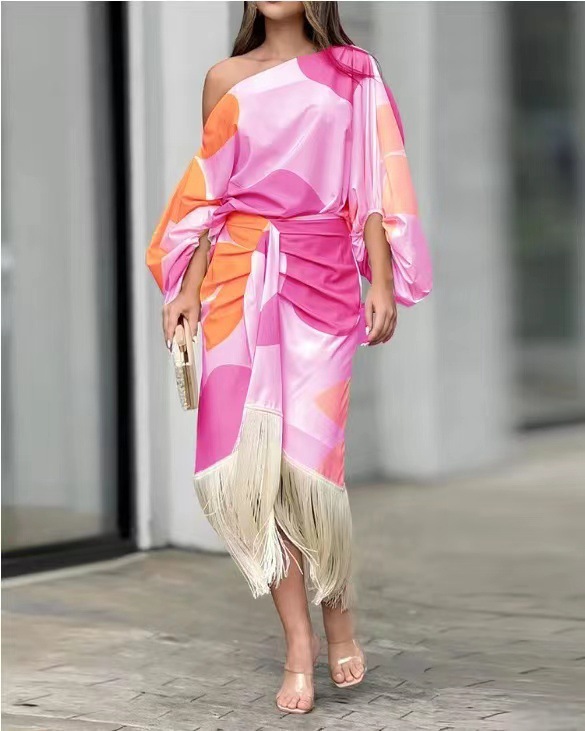 Floral Print Lantern Sleeve Top and Tassel Hem Midi Skirt Two-Piece Set