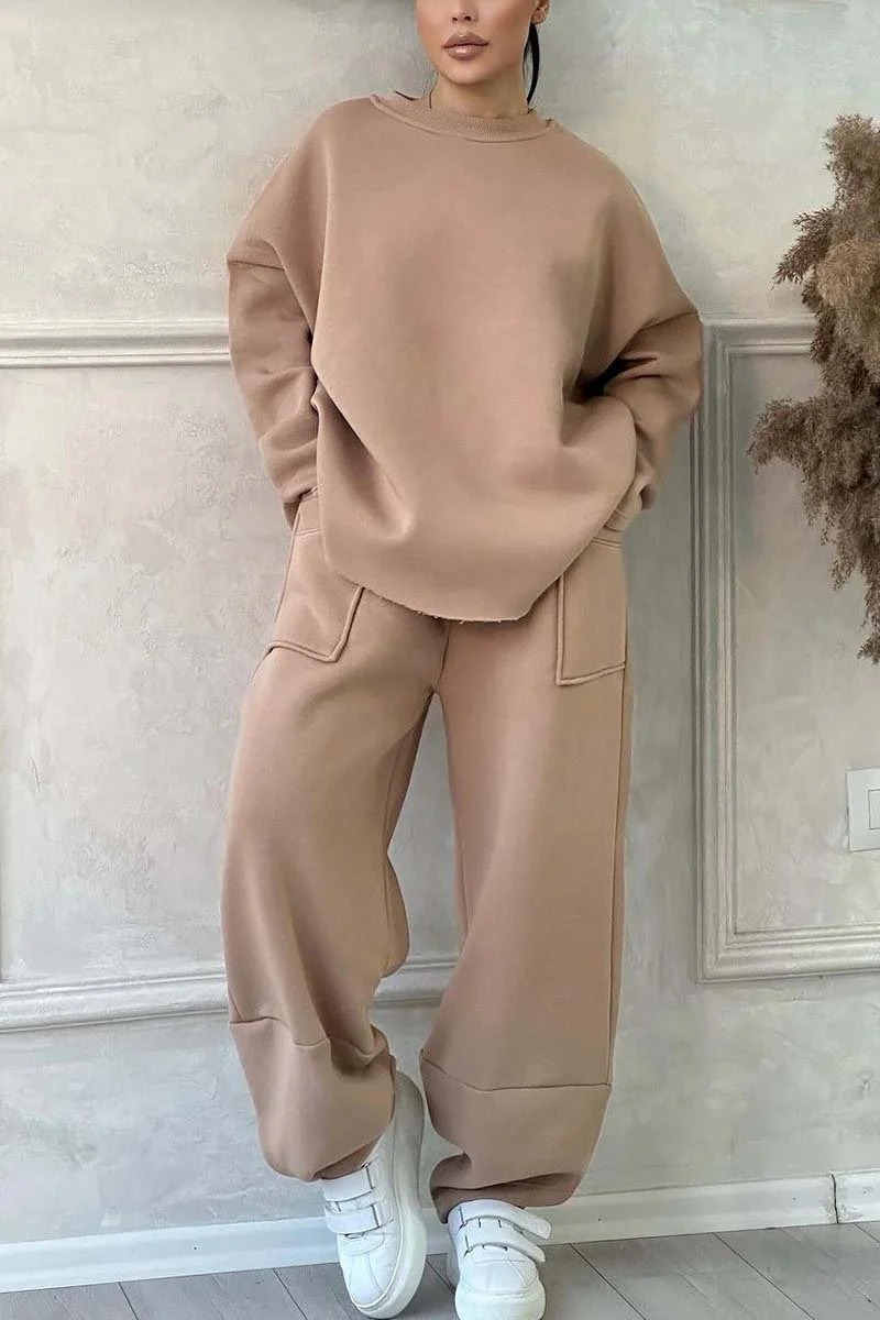 Women's Solid Color Crewneck Long Sleeve Pocket Sweatsuit Loose Fit