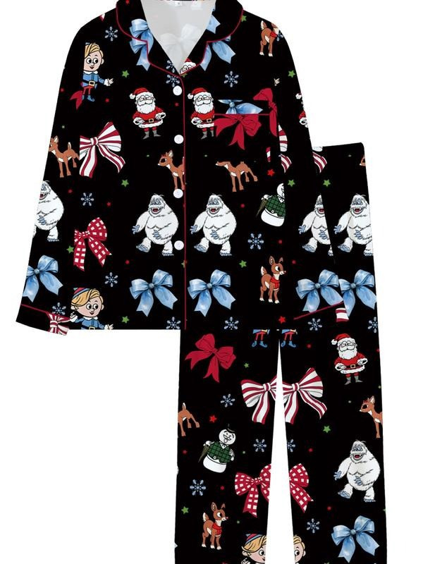 Cuban Collar Christmas Snow Monster Reindeer Print Long Sleeve Women's Set