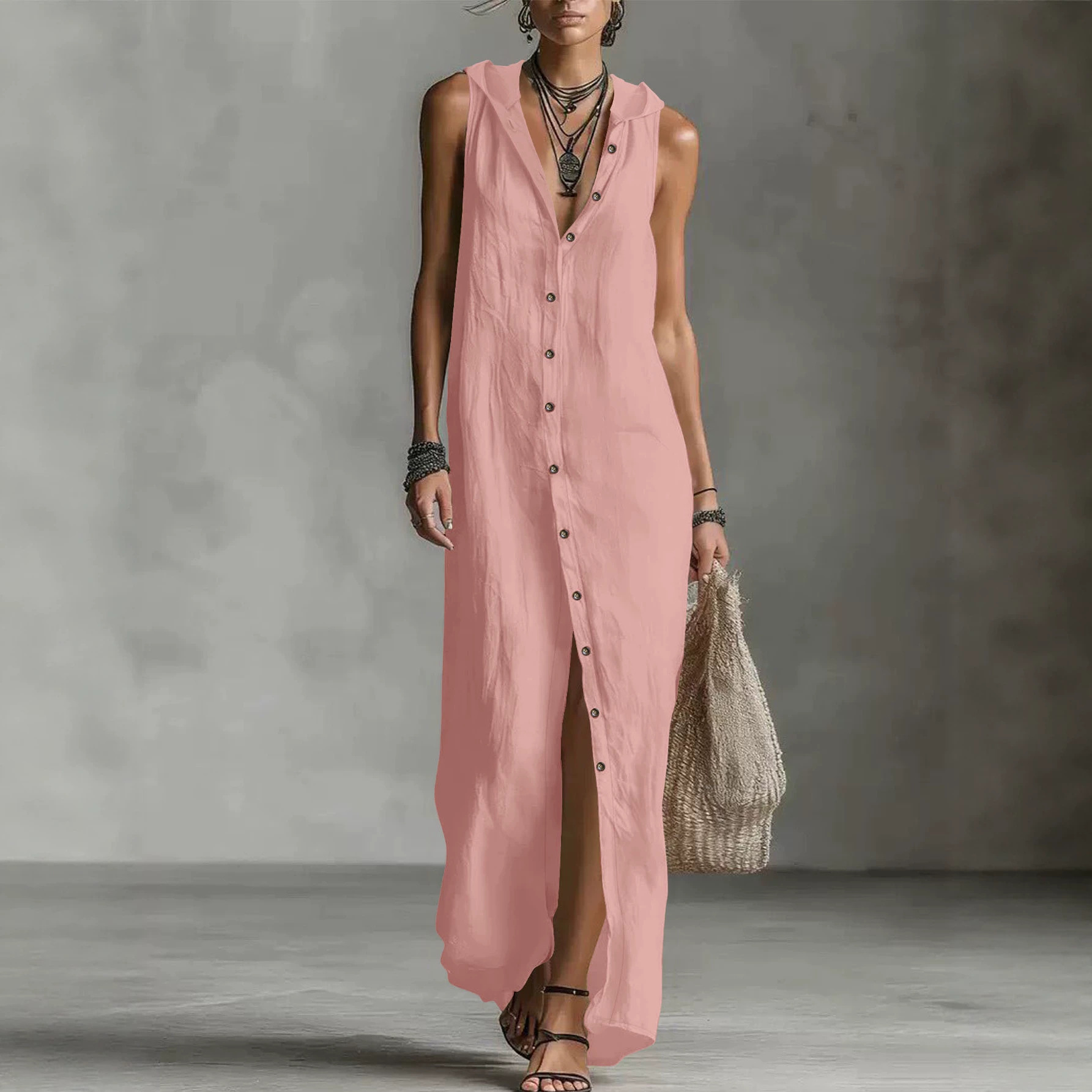 Solid Hooded Sleeveless Dress with Button-Front Cardigan