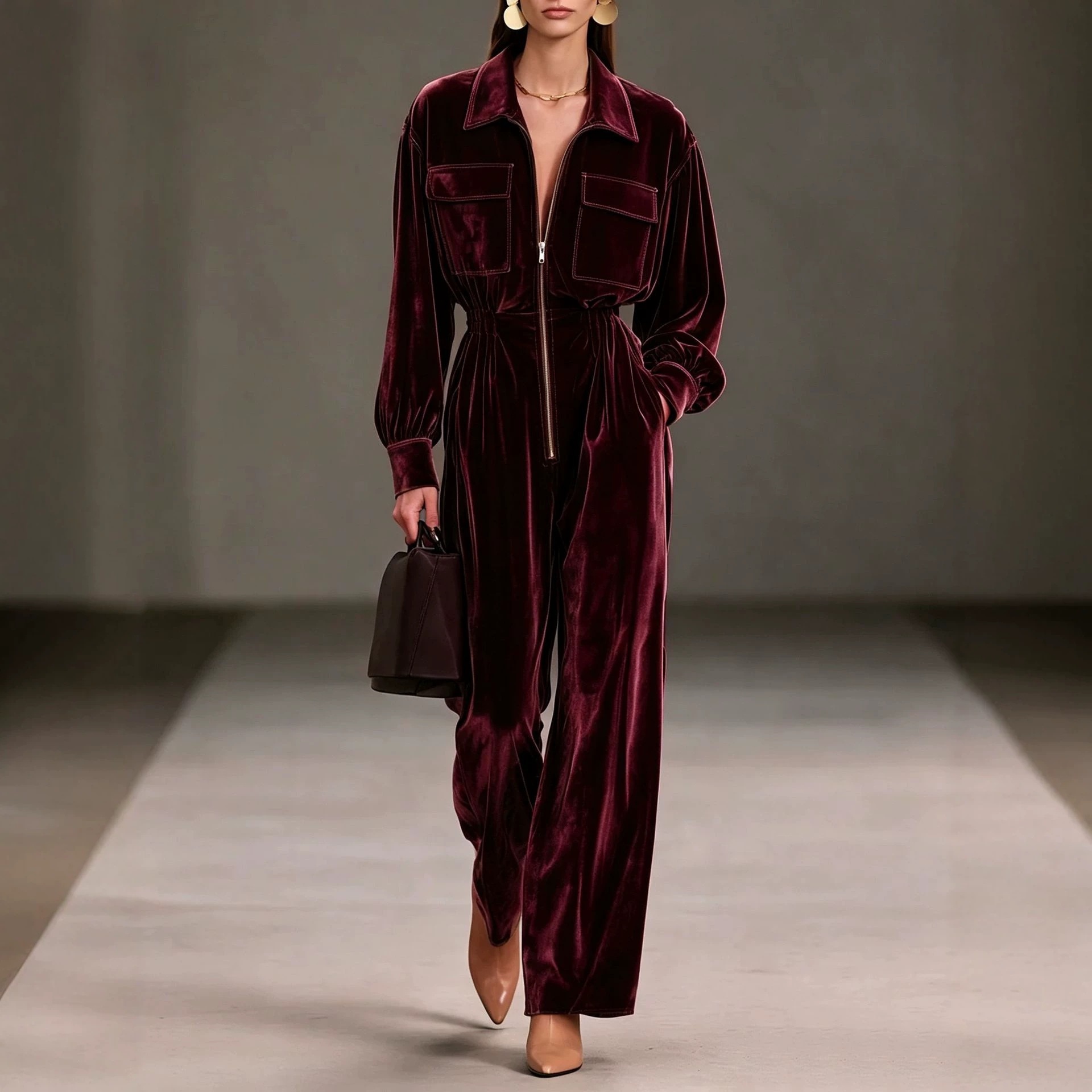 Gold Velvet Jumpsuit with Collar, Lantern Sleeves, Elastic Waist, Wide Leg
