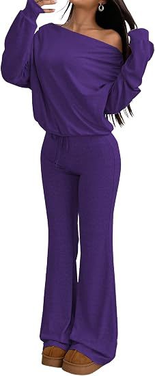 Solid One-Shoulder Long-Sleeve Top & High-Waist Flared Wide-Leg Pants Set